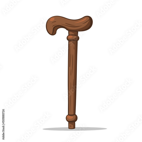 Cartoon Illustration of a Brown Wooden Walking Stick with Curved Handle for Mobility Assistance