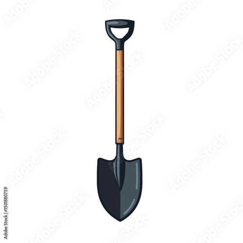 Illustration of a Black Shovel with a Wooden Handle for Gardening and Digging