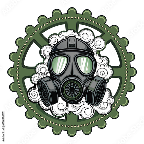 A vintage gas mask, shrouded in swirling smoke, amidst a collection of rusty gears and cogs.  Dark, gritty, post-apocalyptic aesthetic.