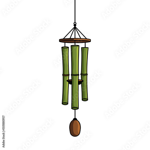 Illustration of a Bamboo Wind Chime with Green Tubes and Brown Accents Hanging Vertically