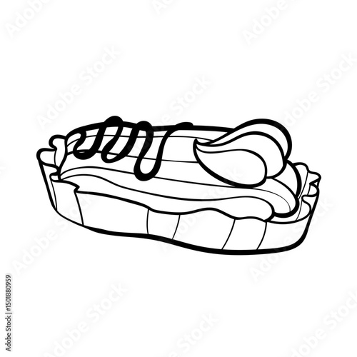 Minimalist vector doodle of an eclair with shiny glaze and cream filling. Clean, outlined style. Ideal for bakery designs, dessert menus, or sweet-themed products. Flat vector illustration.