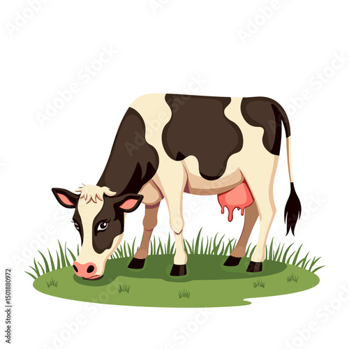 Cartoon Illustration of a Black and White Holstein Cow Grazing on Green Grass in a Pasture