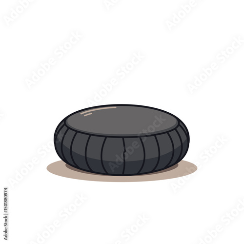Isolated Round Black Pouf Ottoman with Ribbed Sides, Ideal for Interior Design and Comfortable Seating