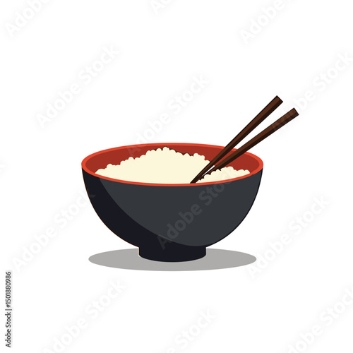 Illustration of a Bowl of White Rice with Chopsticks, Featuring a Simple and Clean Design