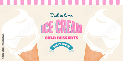Pink Ice cream Banner. Sweet cold dessert social media advertising. Vintage brand with text. Branding for cafe and restaurant. Retro background.