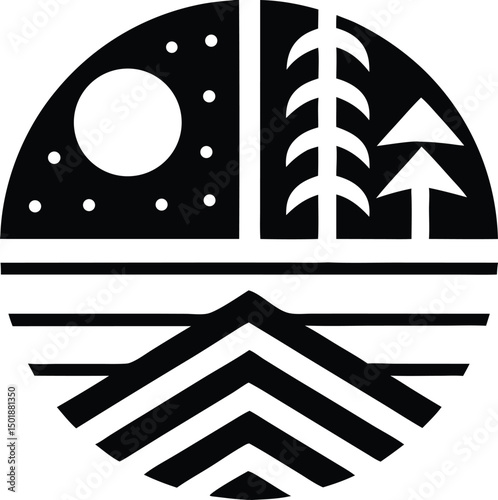Silhouette vector depicting a tranquil lakeside dusk scene with soft glow accents