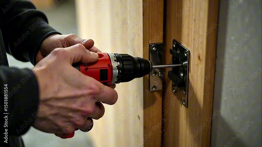 Hands holding power tool during home improvement project indoor, person installing door hinge with cordless drill. Concept of home improvement industry, construction services, diy projects.