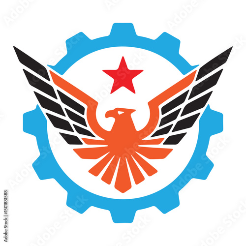 Powerful eagle and gear emblem design isolated on white background