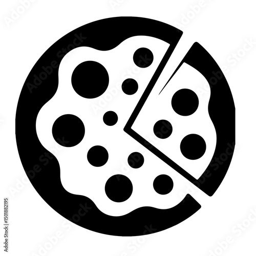 A pizza with a slice removed, depicted in a simple black and white illustration style.