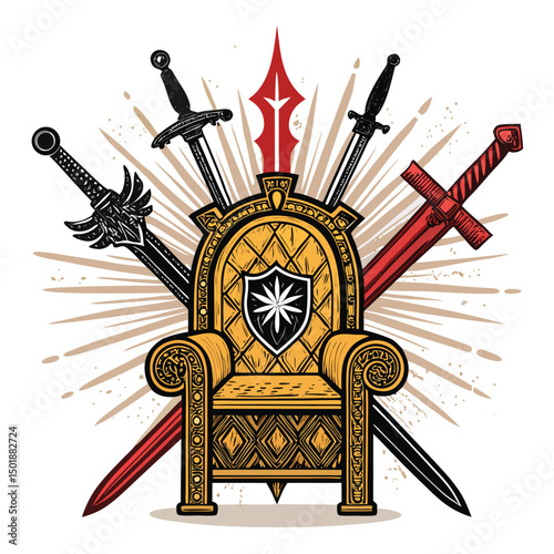 Design a regal golden throne emblem incorporating crossed ancient weapons like swords and spears, exhibiting intricate detail and a sense of power.