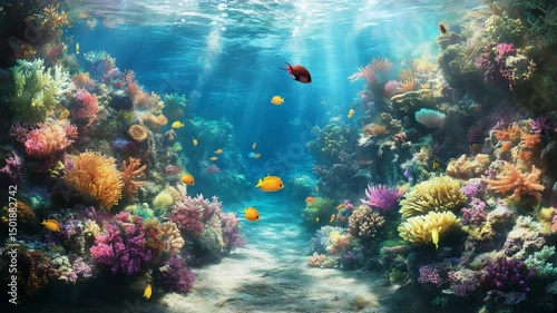 Coral formations and fish create a lively underwater environment filled with extraordinary biodiversity in clear blue waters
