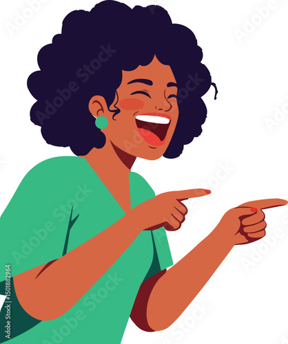 Woman with curly hair laughing and pointing fingers in green top illustration vector 