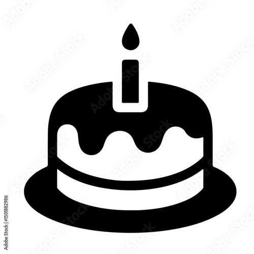 A simple black silhouette illustration of a birthday cake with a single candle.