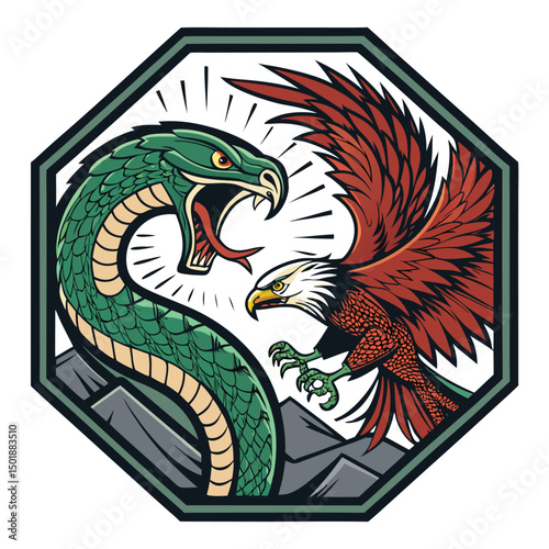 A fierce aerial battle a hawk and snake locked in combat, their bodies dynamically forming a perfect octagon shape.
