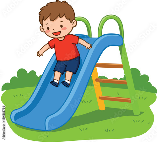 Boy sliding down blue playground slide on green grass outdoor play equipment vector illustration 
