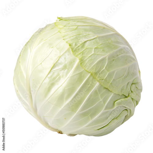A whole single white cabbage isolated on a transparent background