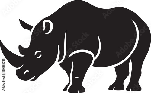 Wildlife rhino silhouette animal art, Powerful rhinoceros black flat shape