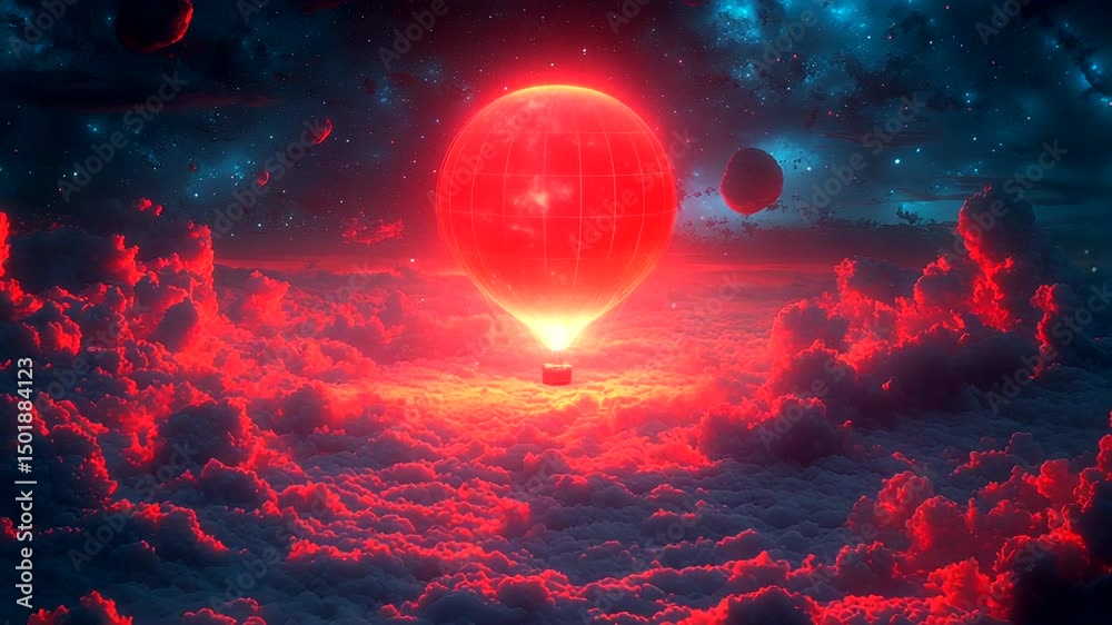 Hot air balloon over a vibrant red cloud layer at night