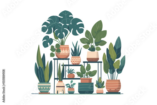Flat color vector of popular indoor houseplants 