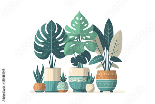 Flat color vector of popular indoor houseplants 
