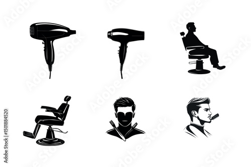 Barbershop icons hair dryer chair man silhouette