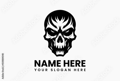 Bold monochrome skull logo with menacing stare and cracked bone texture. Hardcore aesthetic concept  