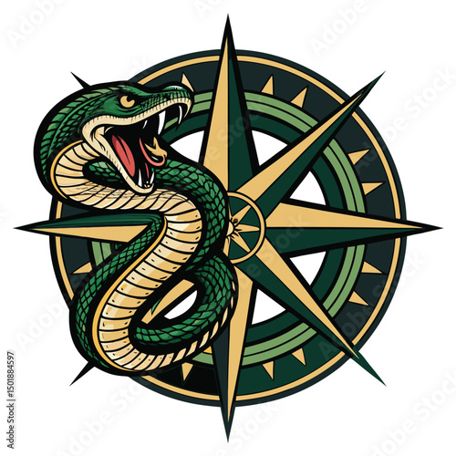 A venomous snake, body twisted, fiercely biting into a tarnished compass rose badge; detailed, dark, ominous.