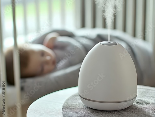 A white essential oil diffuser or humidifier top angled view, placed on a table in the foreground.