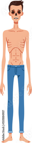 Skinny tall man cartoon character with bare chest and blue jeans vector illustration in full body style 