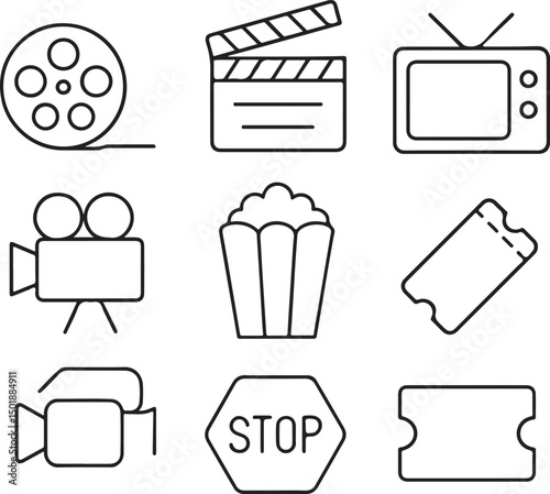 Cinema Icons Set – Vector Illustrations Featuring Film, Movie, TV, and Video Symbols

