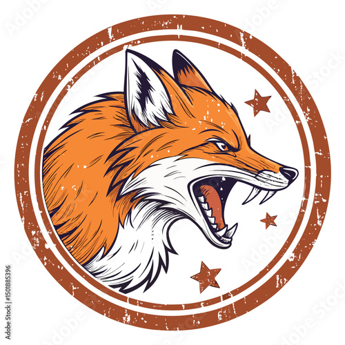 A snarling fox head, intensely detailed, framed within a worn, circular postage stamp design.  The stamp shows age and wear.