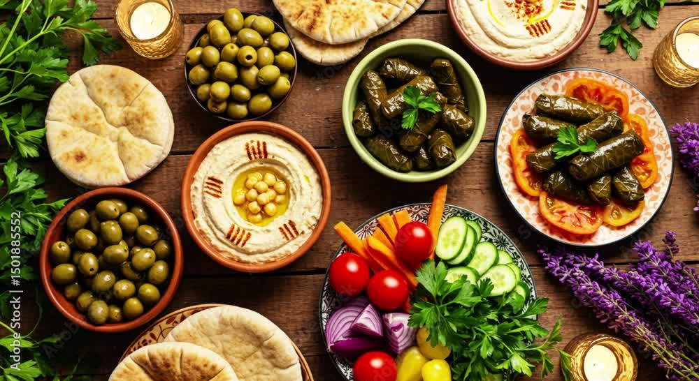 Rustic Table with Hummus, Pita, Olives, Dolmades & Candlelight Ambiance Rustic Table with Hummus, Pita, Olives, Dolmades & Candlelight Ambiance