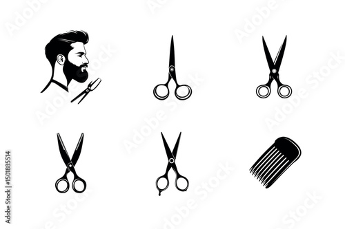 Barbershop icons set scissors comb and beard