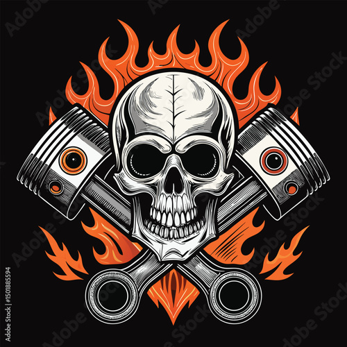 A grim biker skull, engulfed in flames, with fiery engine pistons replacing its eye sockets, detailed and gritty illustration style.