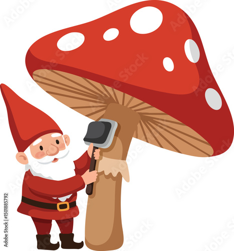 Gnome chopping large red and white mushroom with axe whimsical fantasy illustration vector 