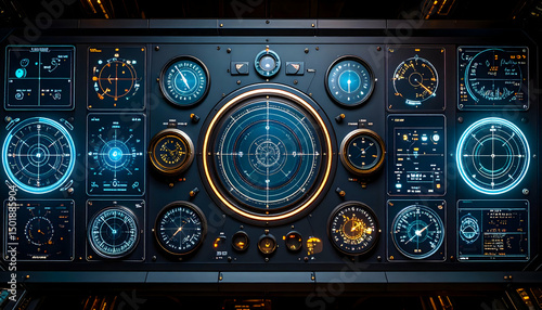 Fototapeta Naklejka Na Ścianę i Meble -  Futuristic Digital Control Panel with Glowing Blue and Orange Gauges