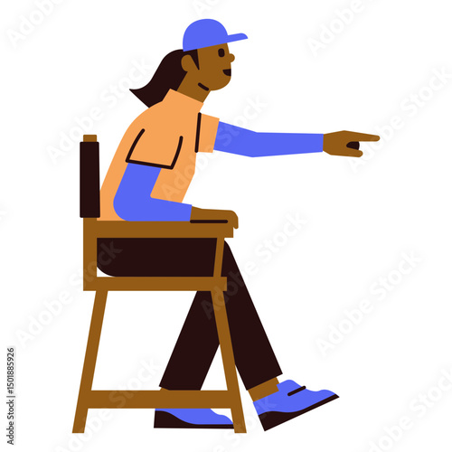 Man sitting in a chair pointing at something