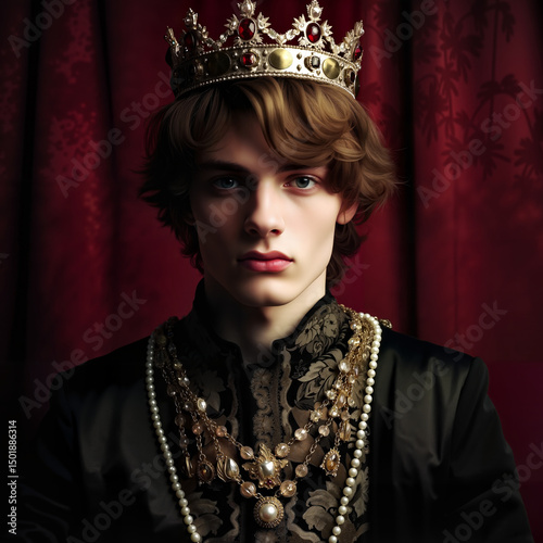  Brooding young man in antebellum gothic portrait, wearing a dark crown and vintage attire, haunting Victorian-era aesthetic with dramatic lighting
