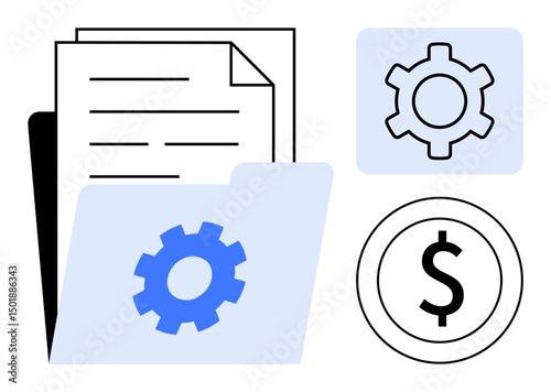 Documents, file folder with gear icon, setting symbol, and dollar sign highlight process automation, efficient filing, business finance, cost management, workflow systems. Ideal for technology