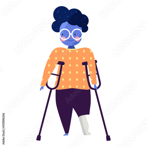 Girl glasses crutch ruddiness disabled person flat