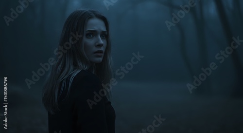 Terrified Woman Alone in Misty Forest at Night with Dramatic Lighting
