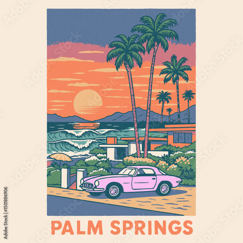 Retro Color summer view. tropical sunshine paradise. color separation screen print design. beach side palm tree with beach resort t-shirt design.