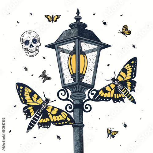 A weathered, grungy streetlamp casting dim light, with several skull-shaped moths fluttering around it in a dark, urban alleyway.