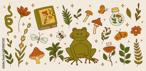 Set of witchcraft items. Herbs, book, mushrooms, cute frog and garden flowers. Funny cartoon vector illustration. Forest herbology concept.