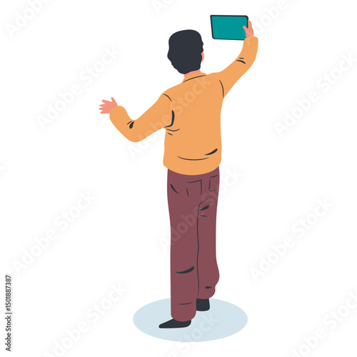 Guy backwards tablet character isometric