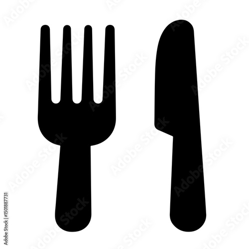 A simple black illustration of a fork and knife.