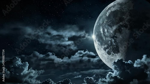 Moon rising at night with clouds and stars