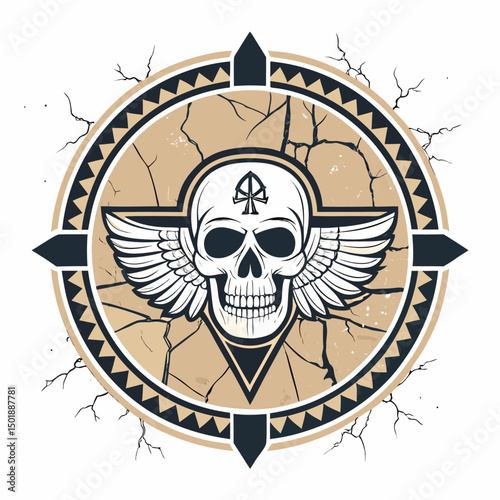 Design a hieroglyphic badge showing a broken wall, incorporating a SKU number.  Style should be distressed and textured.
