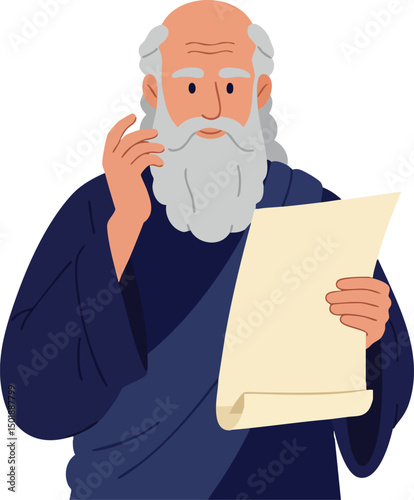 Wise elderly man with long white beard reading a scroll thoughtful expression vector illustration 