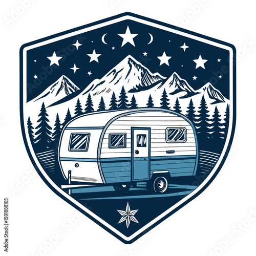 Design a vintage-style holiday badge featuring a charming, retro tent trailer nestled beside a sparkling star, ideal for a travel-themed logo.